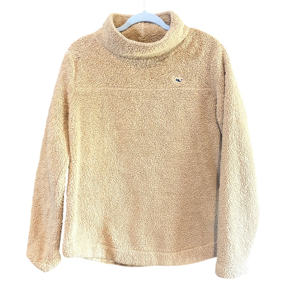 Vineyard Vines Womens Sherpa Fleece Pullover Tan Beige Funnel Neck Whale Logo M